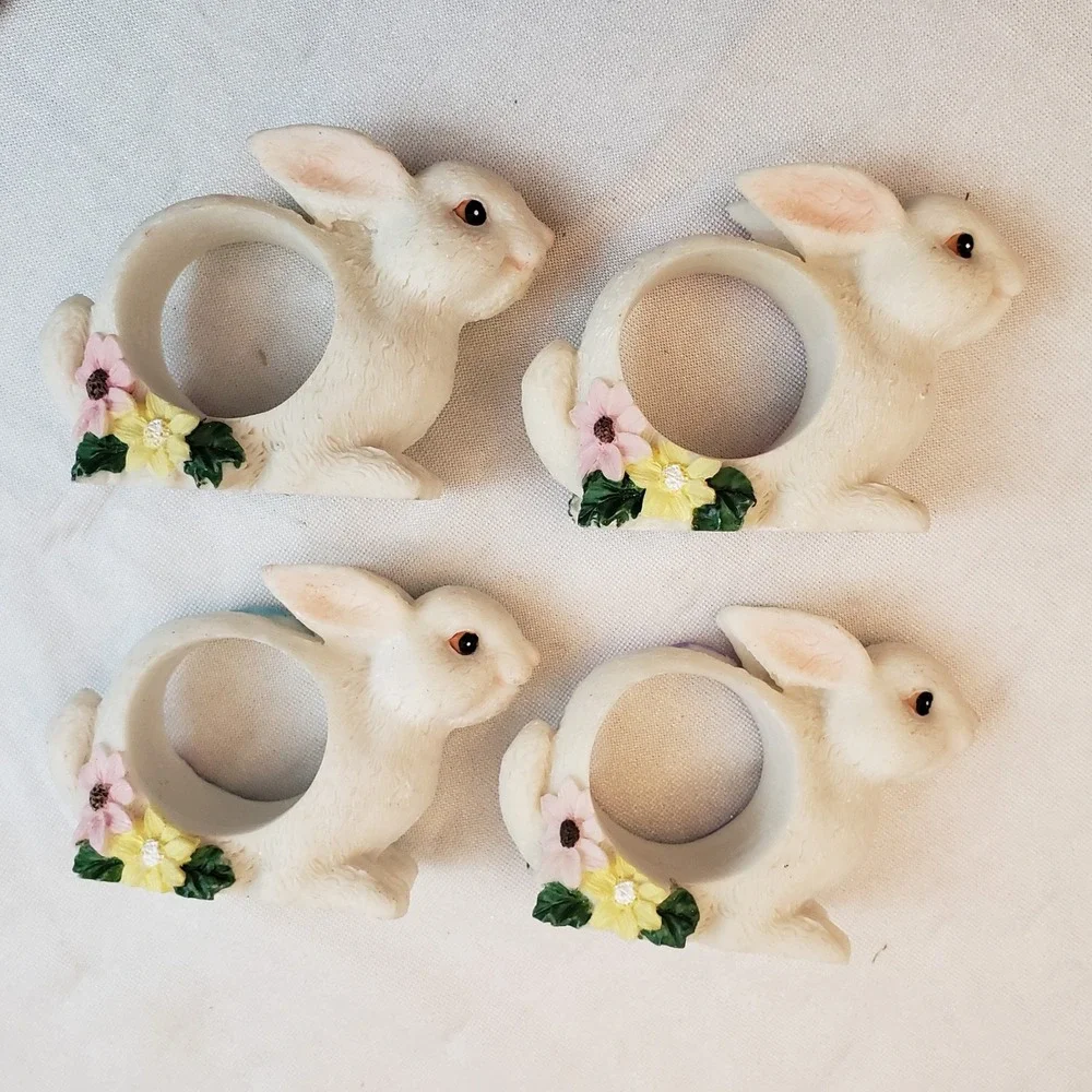 Set of 4 Bunny Napkin Rings Holders Flowers Ribbons Purple Blue‎ Pink Yellow